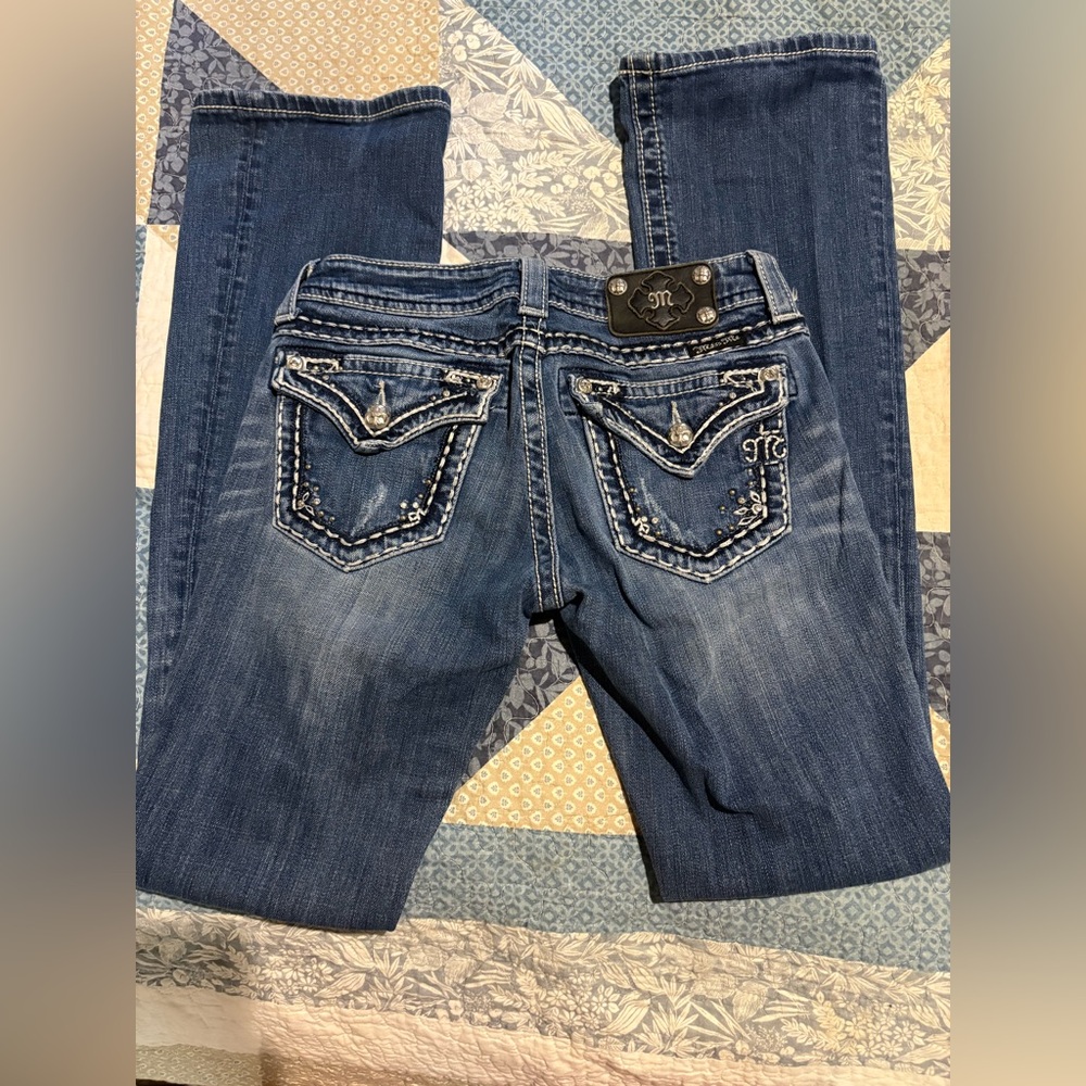 Miss Me Dark Blue Boot Cut Jeans with Embellished Pockets